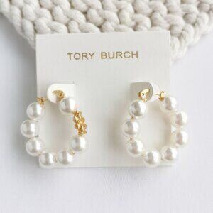 Authentic Tory Burch Kira Gold Pearl Hoop Earrings